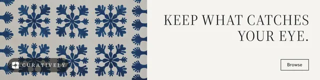 LinkedIn banner for Curatively: "Keep what catches your eye." Editorial style, right layout, light palette in white, grey.