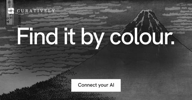 Social ad for Curatively: "Find it by colour." Swiss style, centred layout, dark palette in black, grey.