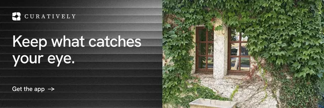 X header for Curatively: "Keep what catches your eye." Minimal luxury style, bottom layout, dark palette in black, grey.