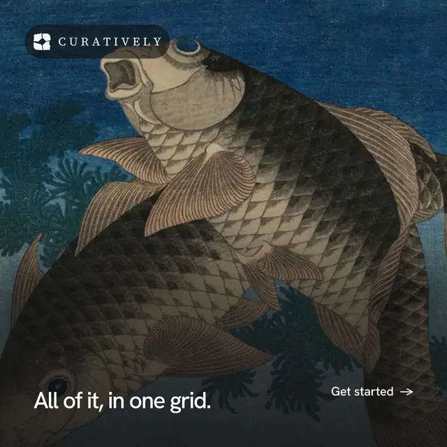 Instagram post for Curatively: "All of it, in one grid." Swiss style, image led layout, dark palette in black, blue, grey.