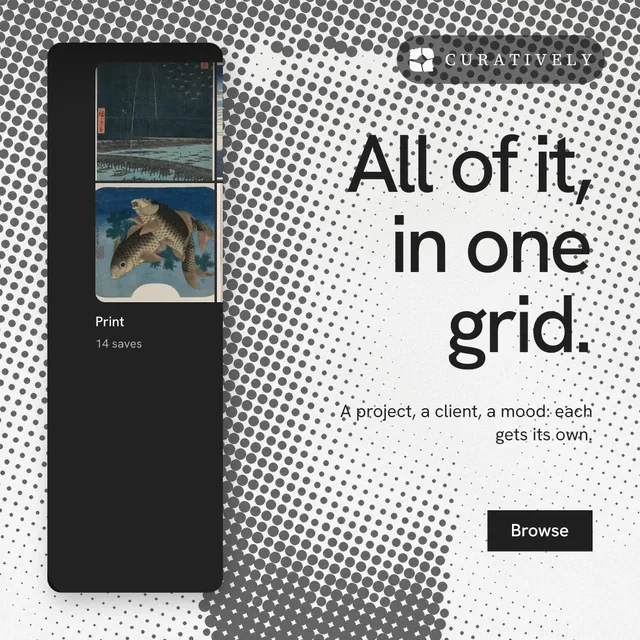 Instagram post for Curatively: "All of it, in one grid." Swiss style, right layout, light palette in grey, black, white.