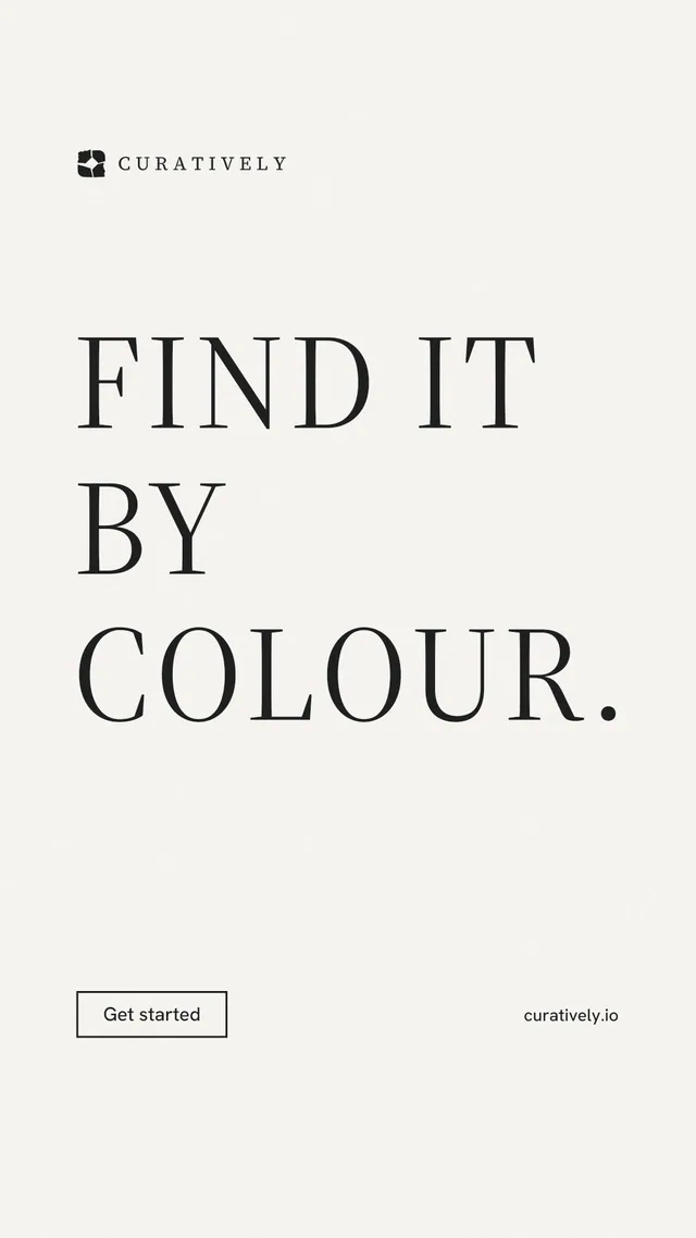 Instagram story for Curatively: "Find it by colour." Editorial style, poster layout, light palette in white, grey.