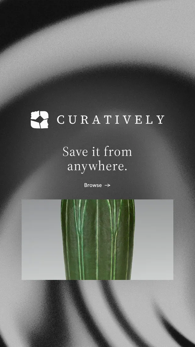 Instagram story for Curatively: "Save it from anywhere." Minimal luxury style, logo hero layout, light palette in grey, black.