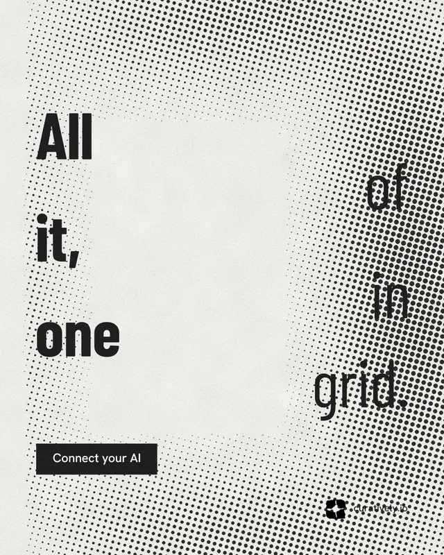 Instagram portrait post for Curatively: "All of it, in one grid." Retro print style, stacked layout, light palette in grey, white.