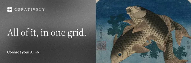 X header for Curatively: "All of it, in one grid." Minimal luxury style, bottom layout, dark palette in blue, grey.