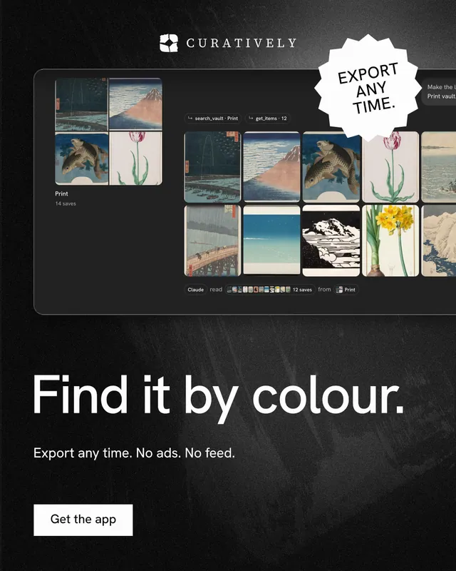 Instagram portrait post for Curatively: "Find it by colour." Swiss style, sticker layout, dark palette in black, grey.