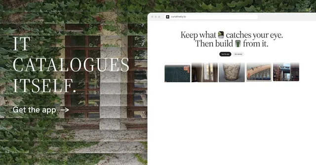 Social ad for Curatively: "It catalogues itself." Minimal luxury style, browser layout, light palette in white, green, grey.