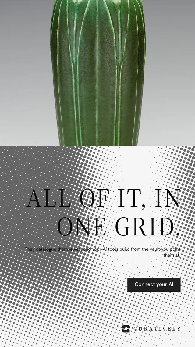 Instagram story for Curatively: "All of it, in one grid." Split block style, right layout, light palette in white, grey.