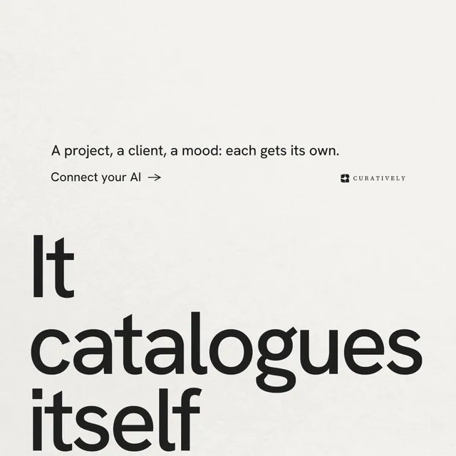 Instagram post for Curatively: "Keep what catches your eye." Minimal luxury style, oversized layout, light palette in white, grey.