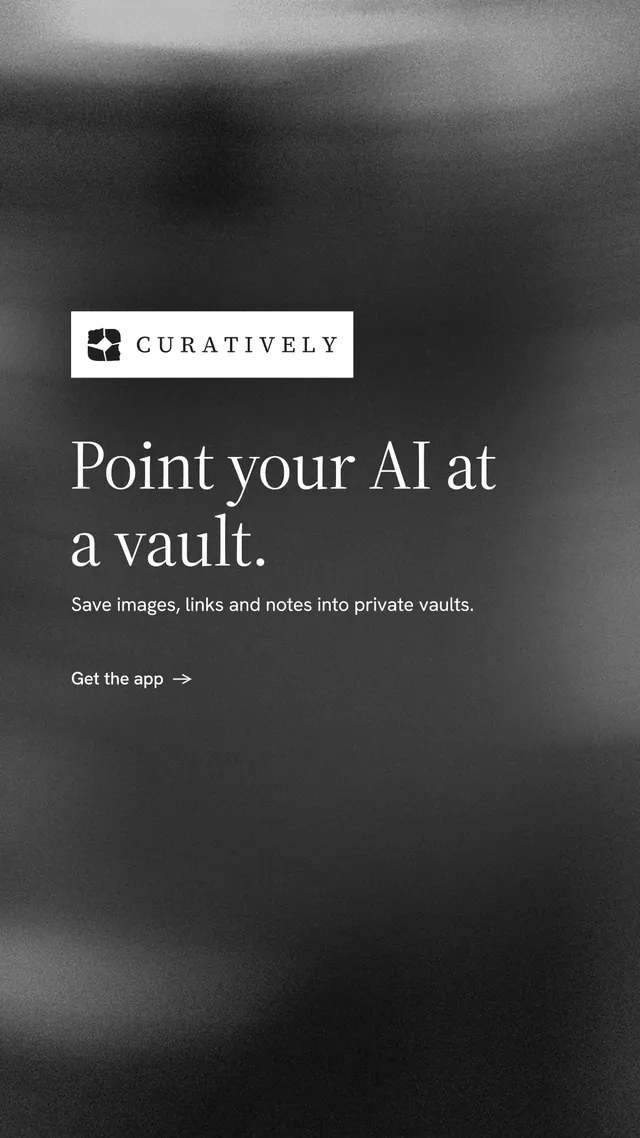 Instagram story for Curatively: "Point your AI at a vault." Minimal luxury style, announce layout, dark palette in black, grey.