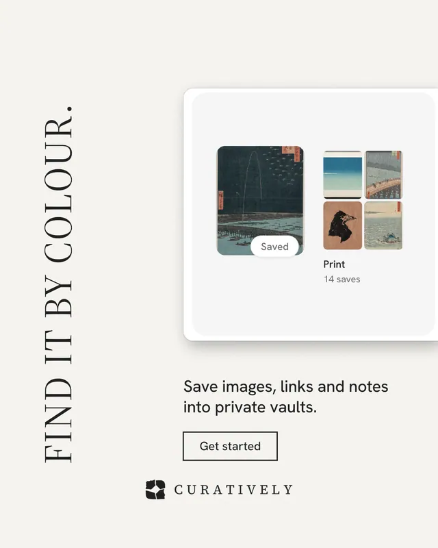 Instagram portrait post for Curatively: "Find it by colour." Editorial style, vertical layout, light palette in white, grey.