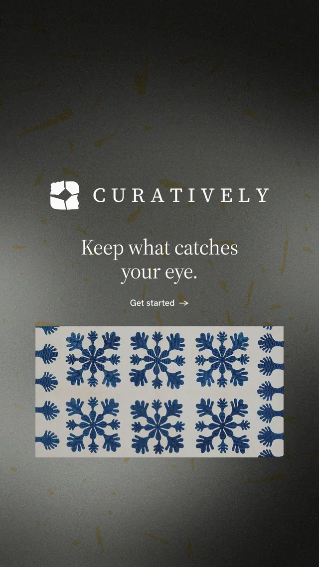 Instagram story for Curatively: "Keep what catches your eye." Minimal luxury style, logo hero layout, dark palette in black, grey.