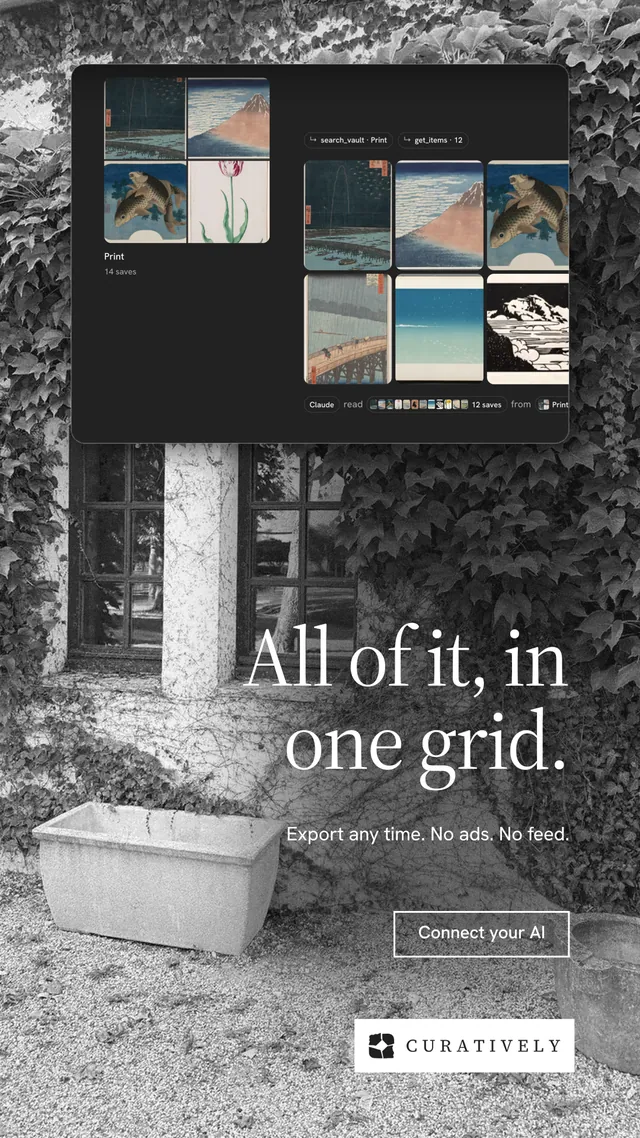 Instagram story for Curatively: "All of it, in one grid." Editorial style, right layout, dark palette in black, grey.