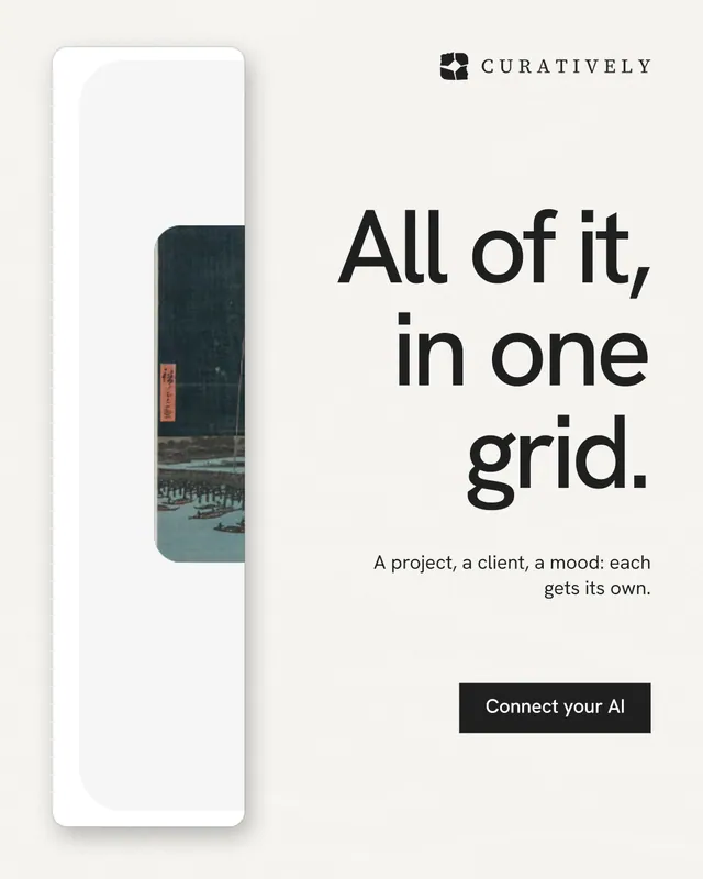 Instagram portrait post for Curatively: "All of it, in one grid." Swiss style, right layout, light palette in white, grey.