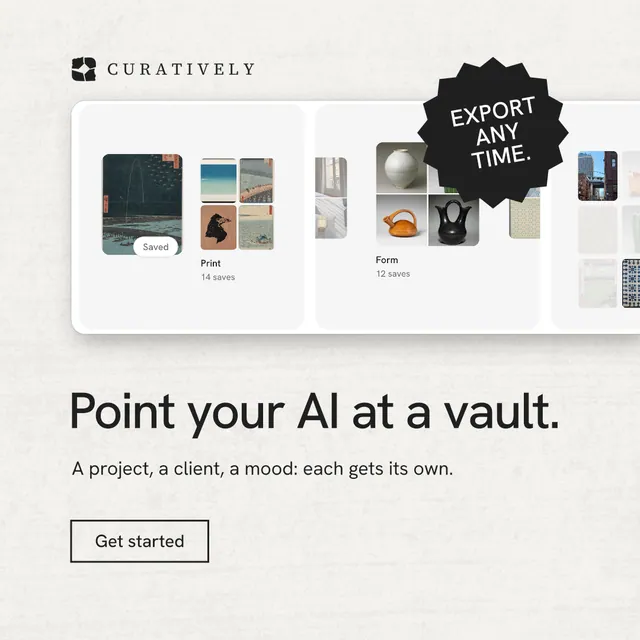 Instagram post for Curatively: "Point your AI at a vault." Editorial style, sticker layout, light palette in white, grey.
