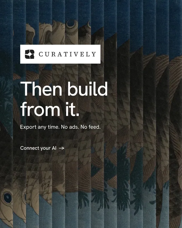 Instagram portrait post for Curatively: "Then build from it." Minimal luxury style, announce layout, dark palette in black, grey.