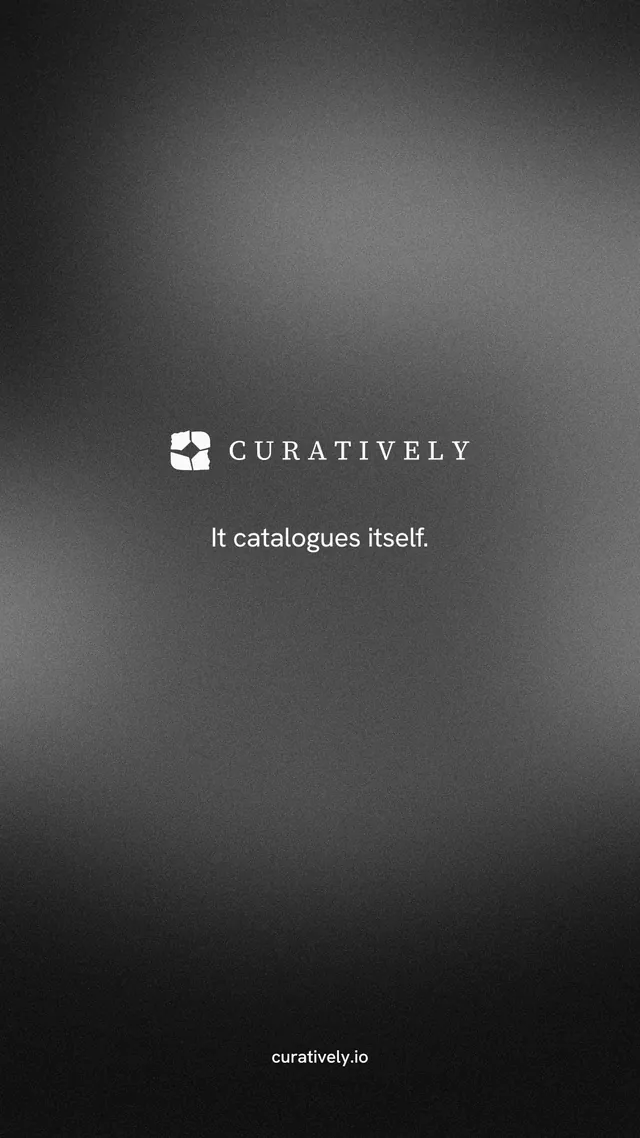 Instagram story for Curatively: "It catalogues itself." Minimal luxury style, end card layout, dark palette in grey, black.