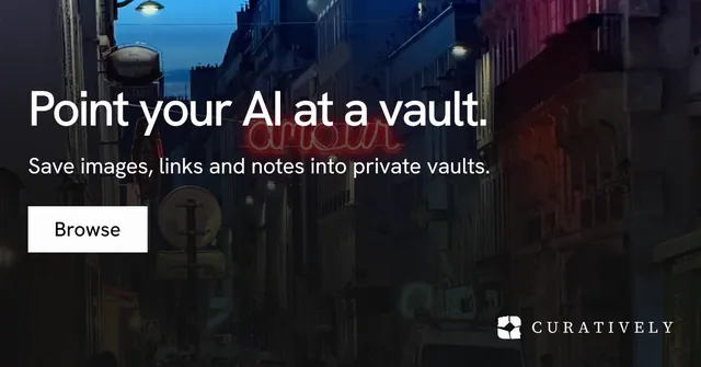 Social ad for Curatively: "Point your AI at a vault." Swiss style, skeleton layout, dark palette in black, grey.