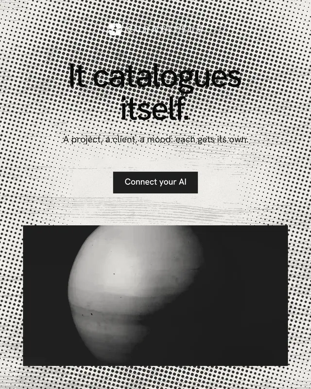 Instagram portrait post for Curatively: "It catalogues itself." Swiss style, centred layout, light palette in grey, black, white.
