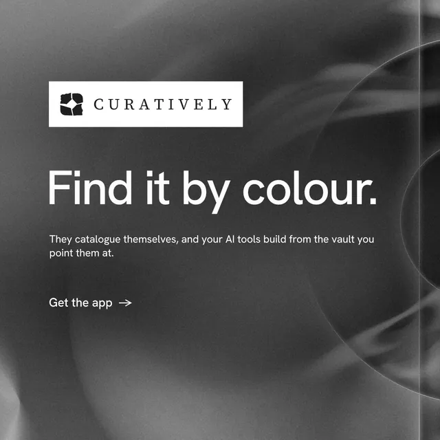 Instagram post for Curatively: "Find it by colour." Minimal luxury style, announce layout, dark palette in black, grey.