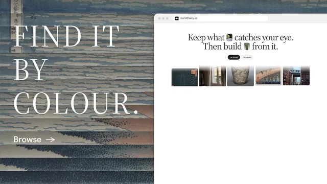 Landscape graphic for Curatively: "Find it by colour." Minimal luxury style, browser layout, light palette in white, grey.