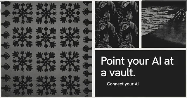 Social ad for Curatively: "Point your AI at a vault." Swiss style, collage layout, dark palette in grey, black.