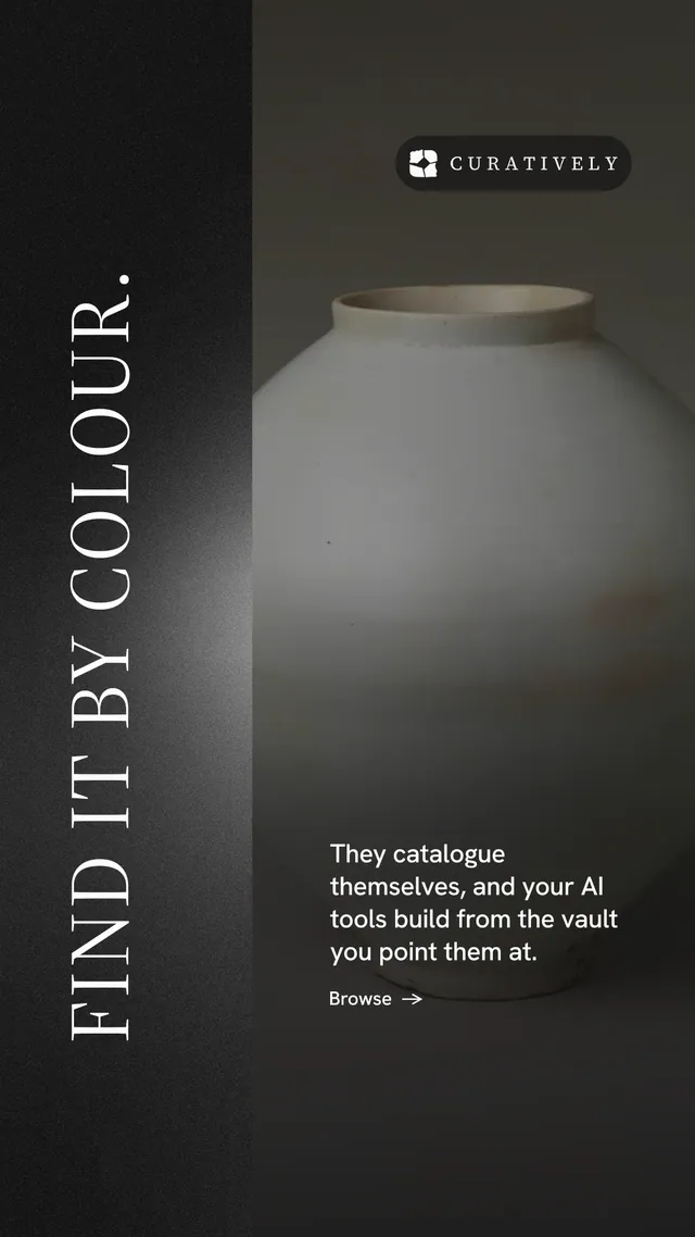 Instagram story for Curatively: "Find it by colour." Minimal luxury style, vertical layout, dark palette in black, grey.