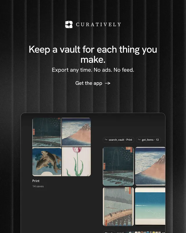 Instagram portrait post for Curatively: "Keep a vault for each thing you make." Minimal luxury style, centred layout, dark palette in black, grey.