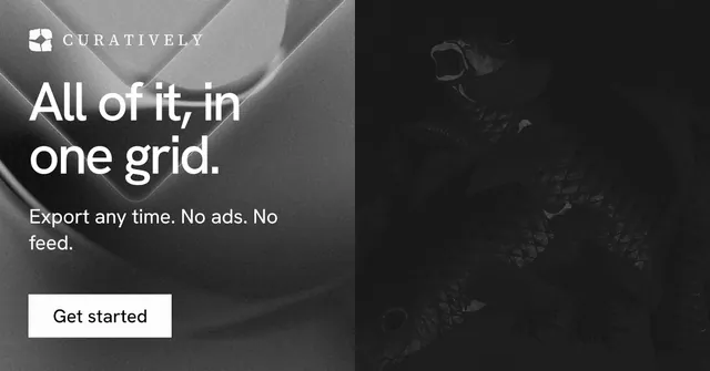 Social ad for Curatively: "All of it, in one grid." Swiss style, bottom layout, dark palette in black, grey.