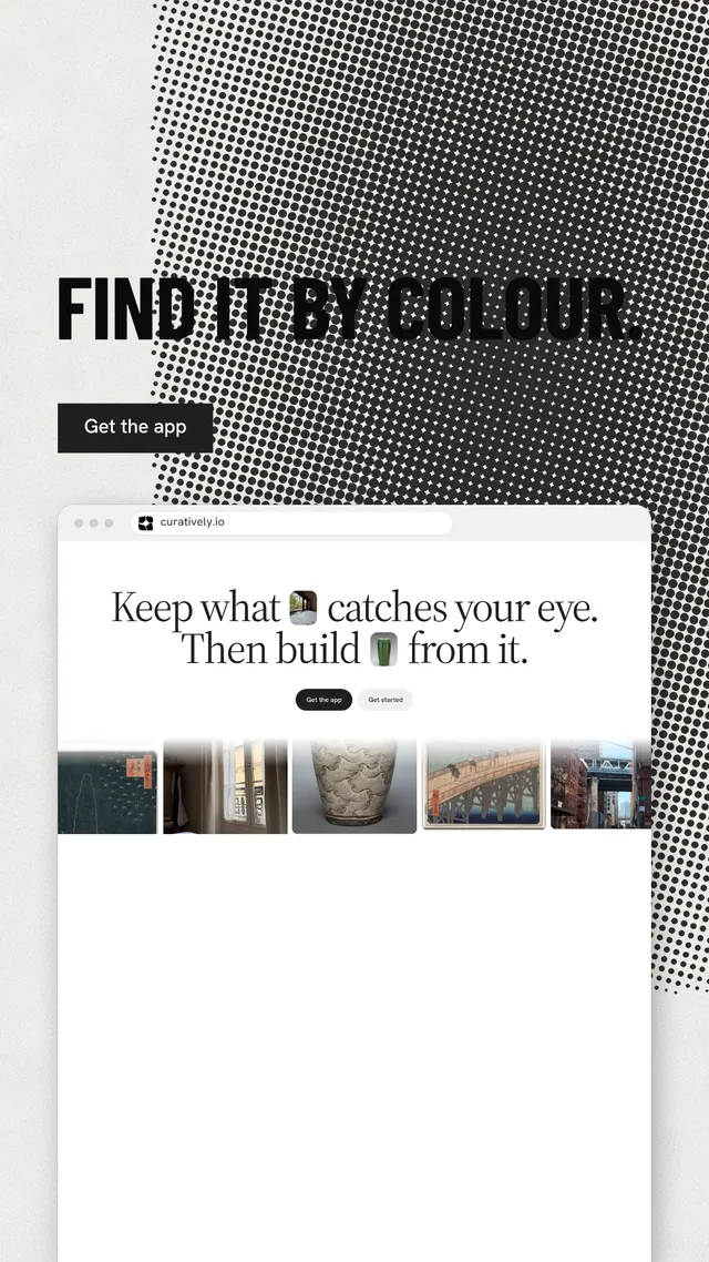 Instagram story for Curatively: "Find it by colour." Retro print style, browser layout, light palette in white, grey.