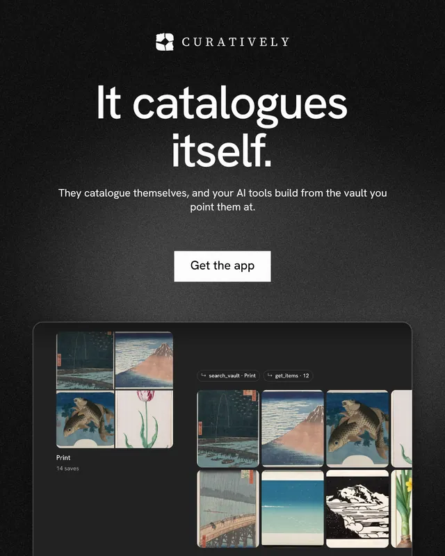 Instagram portrait post for Curatively: "It catalogues itself." Swiss style, centred layout, dark palette in black, grey.