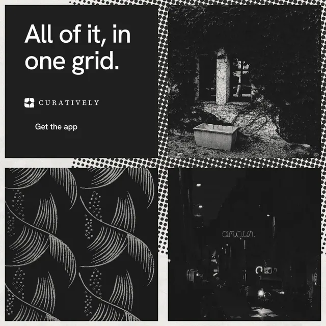Instagram post for Curatively: "All of it, in one grid." Swiss style, collage layout, dark palette in black, grey.