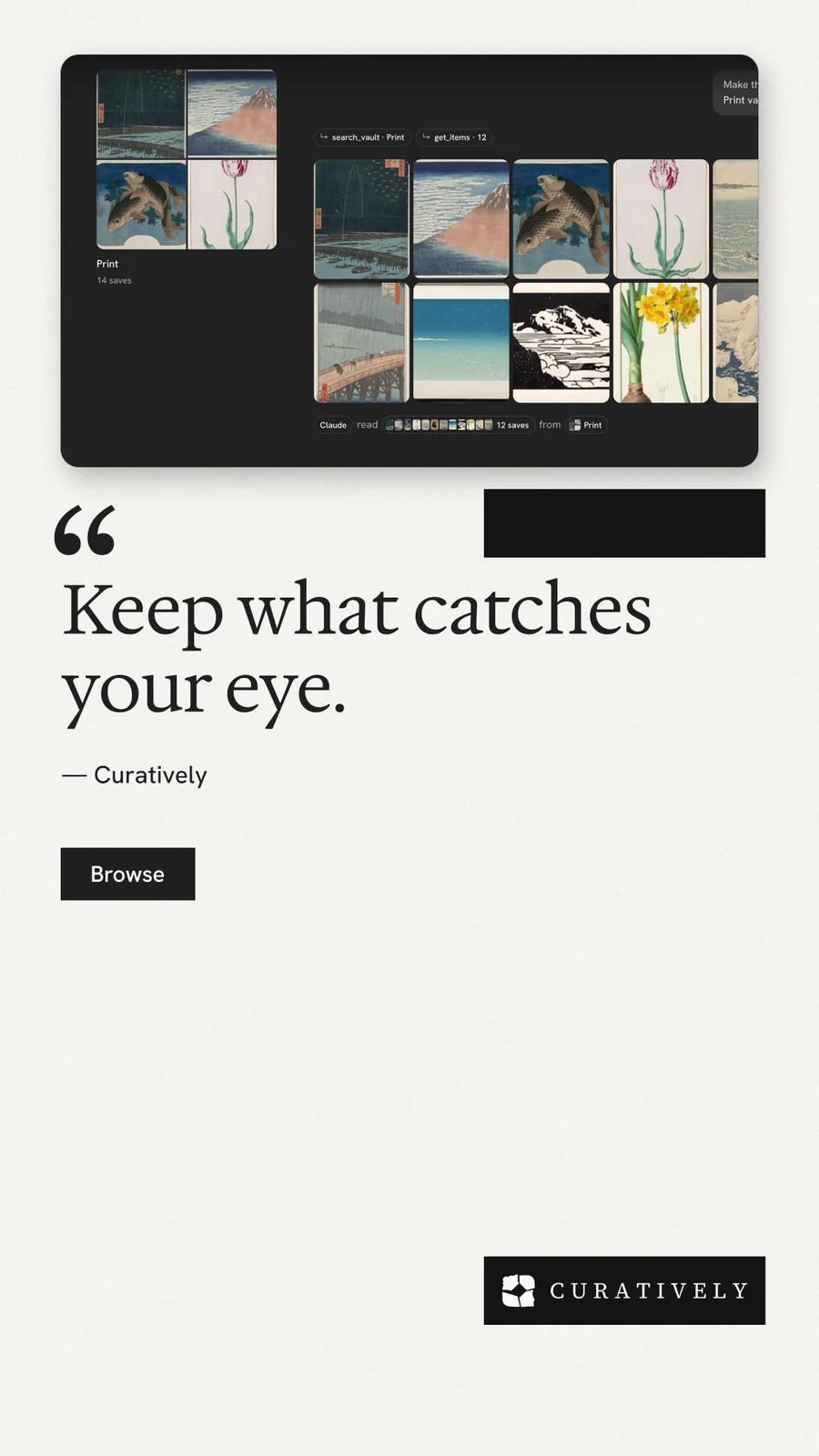 Instagram story for Curatively: "Save it from anywhere." Swiss style, quote layout, light palette in white, black, grey.