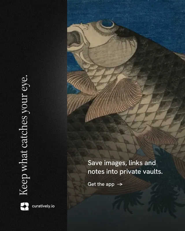 Instagram portrait post for Curatively: "Keep what catches your eye." Minimal luxury style, vertical layout, dark palette in black, blue, grey.