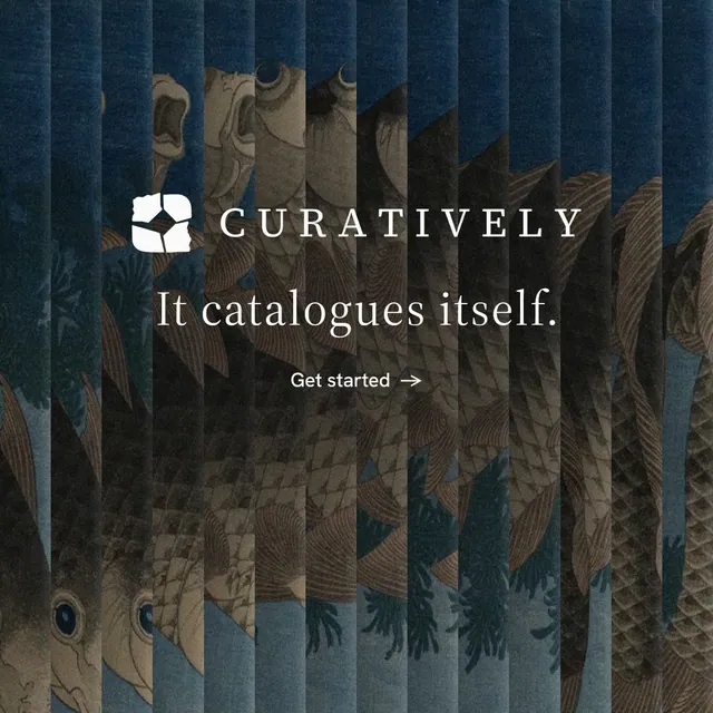 Instagram post for Curatively: "It catalogues itself." Minimal luxury style, logo hero layout, dark palette in black, blue, grey.