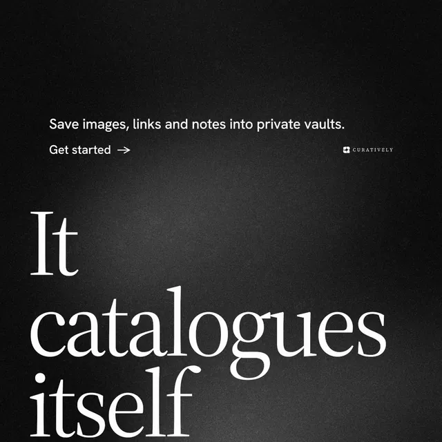 Instagram post for Curatively: "Keep a vault for each thing you make." Minimal luxury style, oversized layout, dark palette in black, grey.