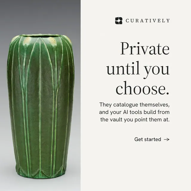 Instagram post for Curatively: "Private until you choose." Minimal luxury style, right layout, light palette in white, grey.