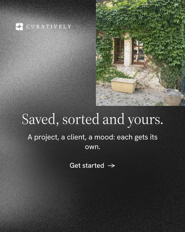 Instagram portrait post for Curatively: "Saved, sorted and yours." Minimal luxury style, skeleton layout, dark palette in black, grey.