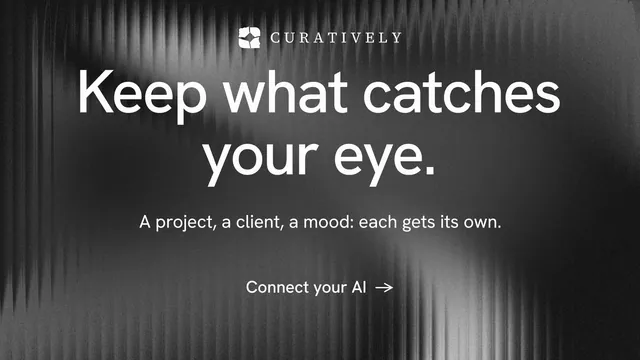 Landscape graphic for Curatively: "Keep what catches your eye." Minimal luxury style, centred layout, dark palette in grey, black.
