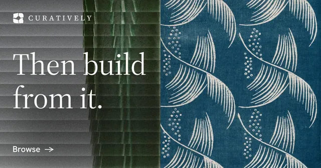 Social ad for Curatively: "Then build from it." Minimal luxury style, bottom layout, dark palette in blue, grey, teal.