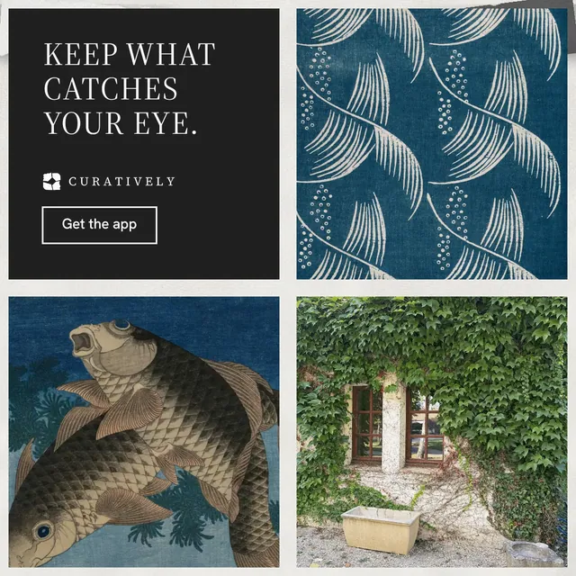 Instagram post for Curatively: "Keep what catches your eye." Editorial style, collage layout, dark palette in grey, black, blue.