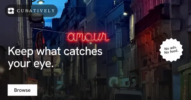 Social ad for Curatively: "Keep what catches your eye." Swiss style, sticker layout, dark palette in black, red, grey.
