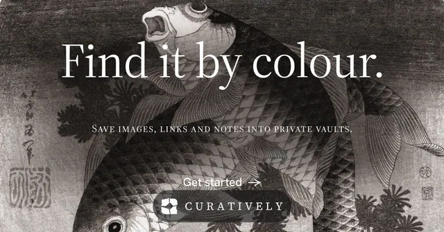 Social ad for Curatively: "Find it by colour." Minimal luxury style, smallcaps layout, dark palette in black, grey.