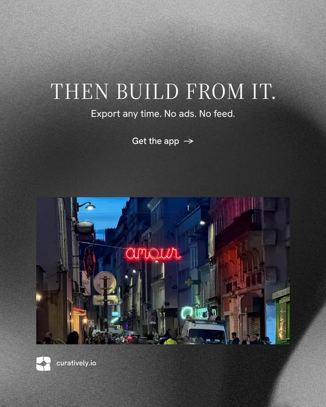 Instagram portrait post for Curatively: "Then build from it." Minimal luxury style, centred layout, dark palette in grey, black.