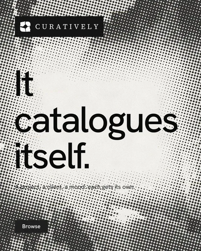 Instagram portrait post for Curatively: "It catalogues itself." Swiss style, announce layout, light palette in grey, white.