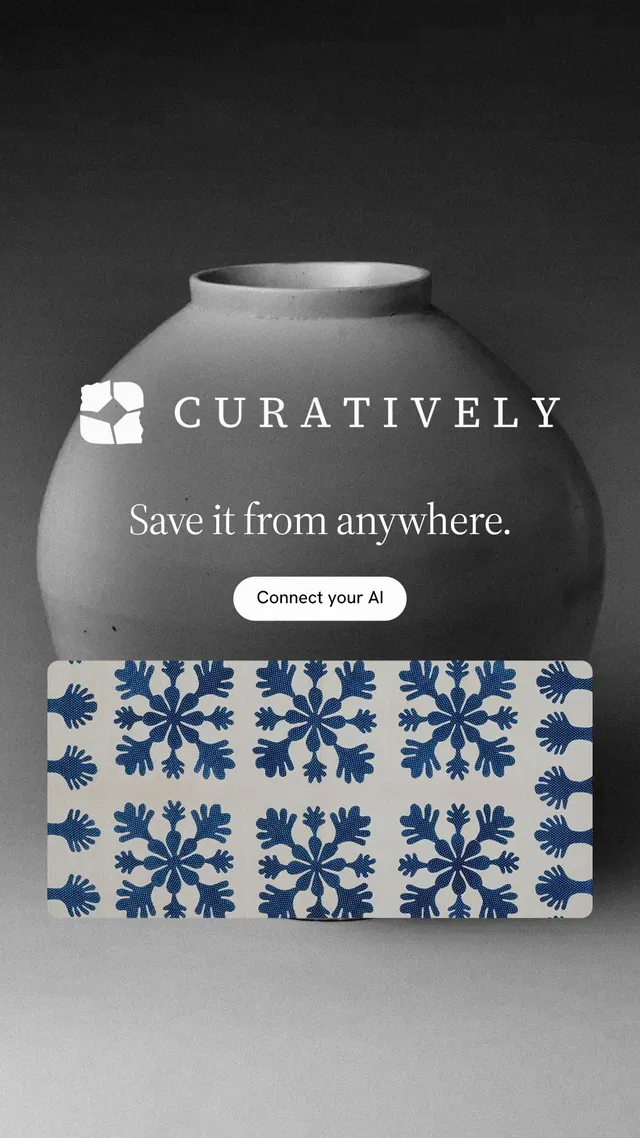 Instagram story for Curatively: "Save it from anywhere." Photo poster style, logo hero layout, dark palette in grey, black.