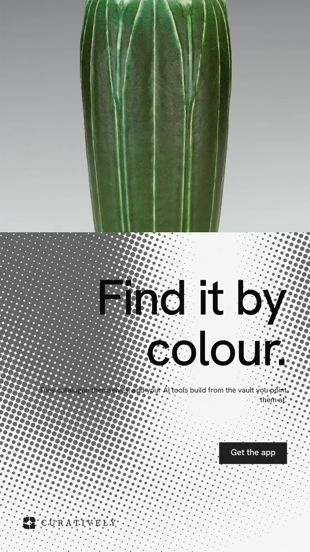 Instagram story for Curatively: "Find it by colour." Swiss style, right layout, light palette in grey, white.