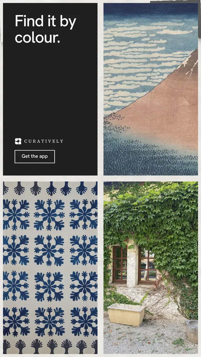 Instagram story for Curatively: "Find it by colour." Editorial style, collage layout, light palette in black, grey, white.