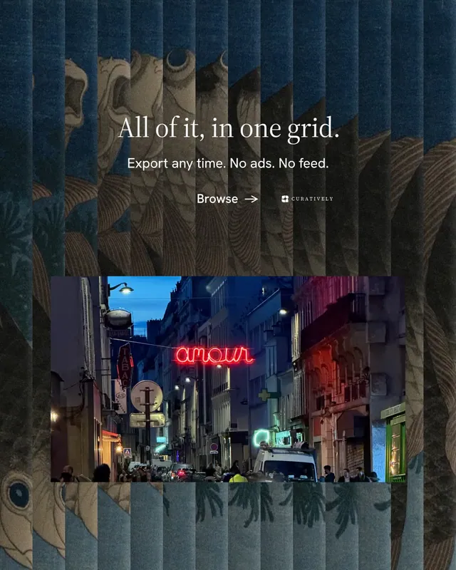 Instagram portrait post for Curatively: "All of it, in one grid." Minimal luxury style, centred layout, dark palette in black, blue, grey.