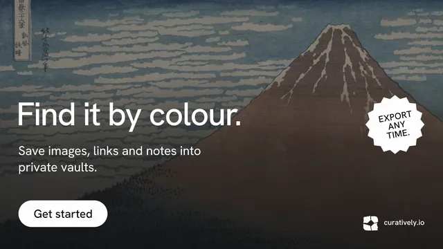 Landscape graphic for Curatively: "Find it by colour." Photo poster style, sticker layout, dark palette in grey, black.